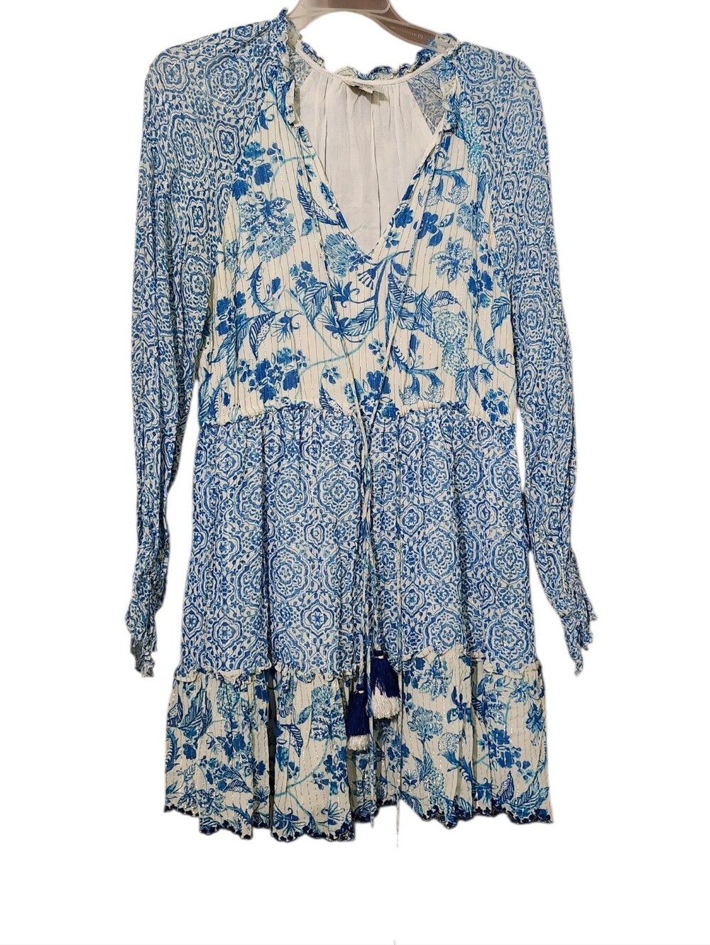 Hemant & Nandita Blue Floral Mixed-Print Long Sleeve Dress - S